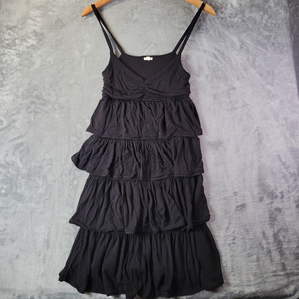 J.Crew‎ Black Tiered Ruffle Mini Dress S Modal Stretch Ruched V-Neck Y2K 37379